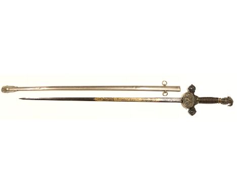 Similar Knights of Pythias Fraternal Sword.This example with a narrow double edged blade, with gold inlay decoration depictin