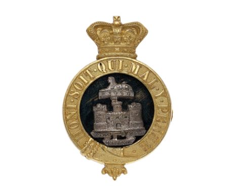 Essex Regiment Victorian Officer’s glengarry badge.A good post 1881 example. Gilt crowned Garter; black velvet domed centre m