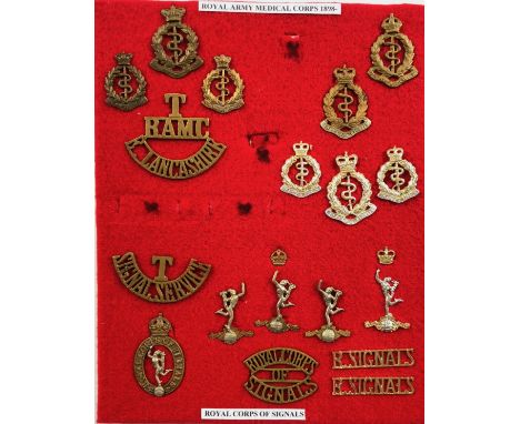 Board of Royal Army Medical Corps and Royal Signals insignia.Selection of cap badges, collars and shoulder titles including T