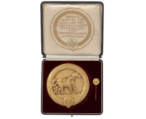 German Third Reich cased Honour Plaque for Breeding Horses and miniature stickpin.A fine rare gilt set by  by L. Christian La