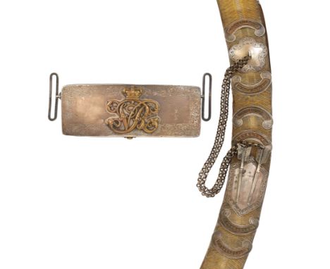 13th Hussars Officer’s silver mounted pouch &amp; pouch belt.A good example of beige Morocco leather backed two inch gold lac