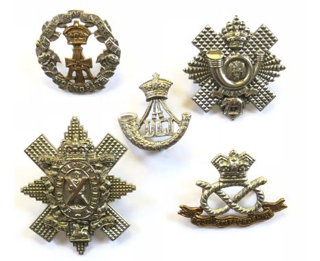 5 Victorian Infantry cap badges.Yorkshire ... Durham Light Infantry ... Highland Light Infantry .. Black Watch ... South Staf