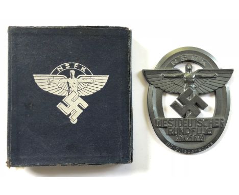 German Third Reich 1939 NSFK non-portable award.A fine example for an air rally. Die-cast oval oxidised silver aluminium exam