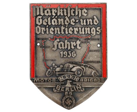 German Third Reich 1936 NSKK Motorbrigade Berlin non-portable award.A fine shield shaped die-cast oval oxidised silvered exam