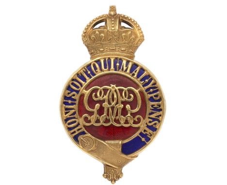 Grenadier Guards GVR Officer’s pagri badge circa 1911-35.A fine and rare rich gilt die-cast example. Crowned Garter, pierced 