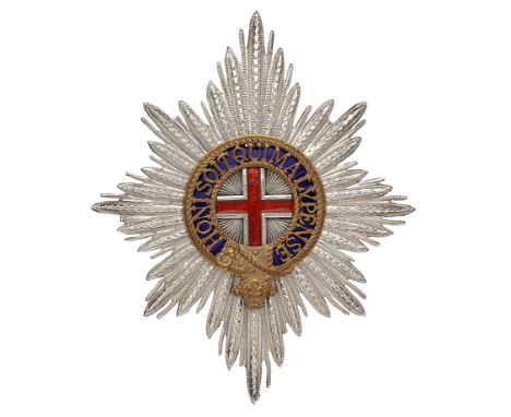 Coldstream Guards Officer’s pagri badge.A fine scarce die-cast pre war example. Facetted unmarked silver Garter Star mounted 