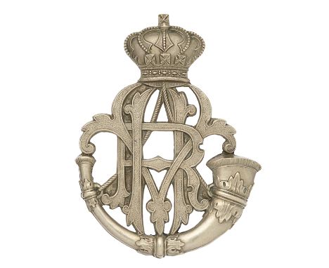 Indian Army. Hyderabad Volunteer Rifles helmet badge circa 1882-1903.A good British made die-stamped white metal example. Cro