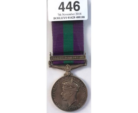 Highland Light Infantry General Service Medal clasp “Palestine 1945-48”Awarded to “19012327 PTE B BRANKIN H.L.I.”.