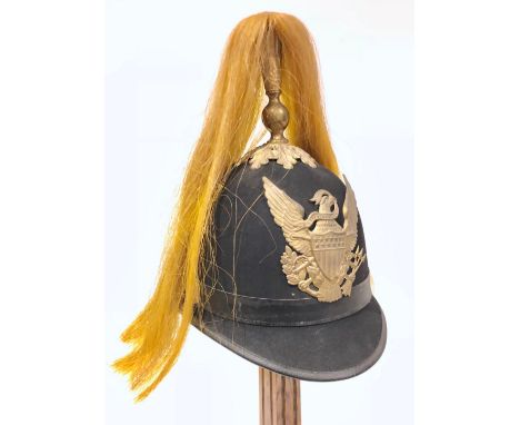 US Army 1881 pattern Cavalry helmet.A good black felt example bound with black leather. Ornate spike on oakleaf base bears US