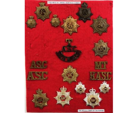 Board of Army Service Corps, ASC and RCT insignia.Selection of cap badges, collars and shoulder tiles from Victoria on includ