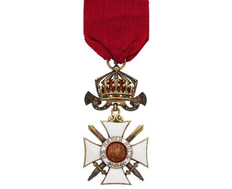 Bulgaria. Order of Alexander 4th Class breast badge with swords and crown.A good silver-gilt and white enamel example with cr