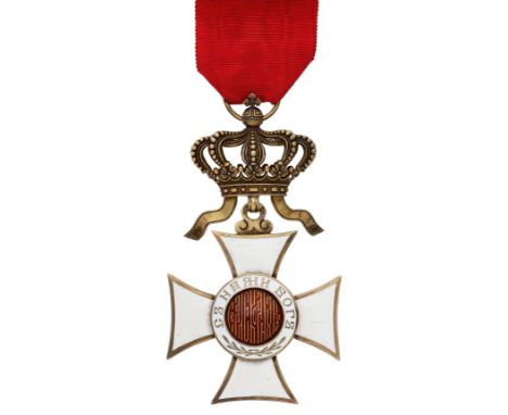 Bulgaria. Order of Alexander 1st class neck badge with crown.A good silver-gilt and white enamel example suspended from crown