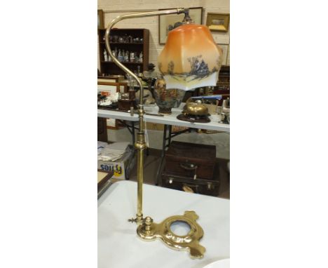 A vintage brass adjustable desk lamp on replacement trefoil-shaped base, with hexagonal glass decorated lamp shade, 66cm high