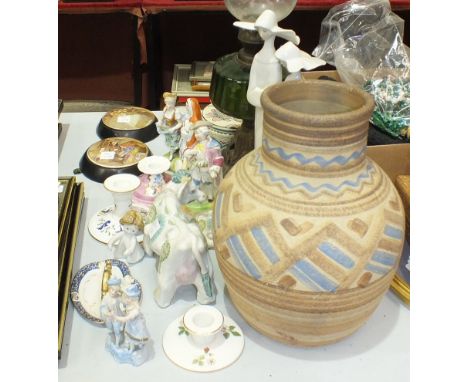 A Bourne Derby ware jug decorated with blue and brown geometric pattern, 28cm high, a Lladro figure group of two nuns, 30cm h