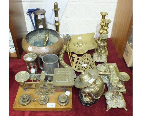 A set of brass postal scales and weights by S Mordan, on rectangular wooden base, an ebonised decorated inkwell/pen stand tog