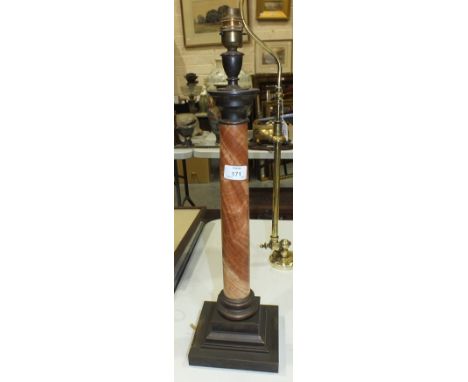 A rose marble column table lamp on square metal stepped base and fittings, 56cm high overall.