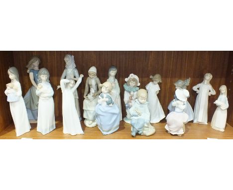 A collection of eleven Nao figure ornaments, two Lladro figures and two other similar figures, (15).