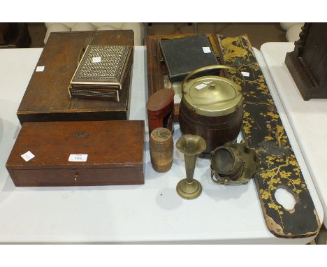 A hardwood two-division knife box, a set of travelling apothecary scales and other items.