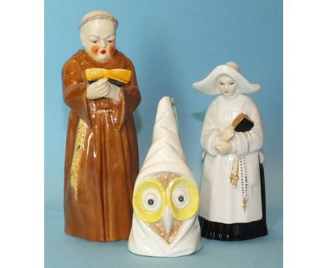 Three Royal Worcester porcelain candle snuffers, 'Owl', 'Nun or Abbess', 'Monk', all with black factory mark and two other un
