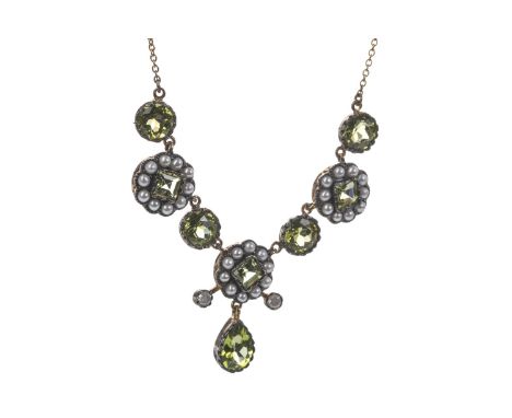 PERIDOT, PEARL AND DIAMOND NECKLACE, set with round, square and teardrop shaped peridots and seed pearls, with two round bril