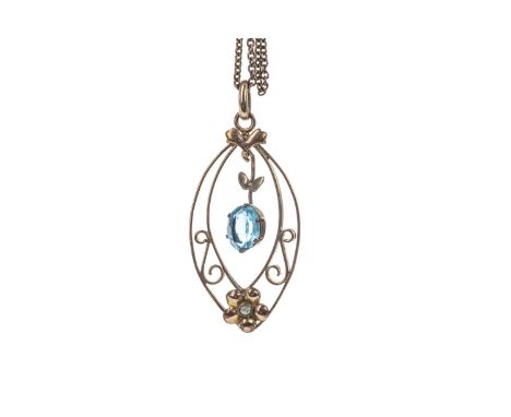 EARLY TWENTIETH CENTURY BLUE GEM SET AND SEED PEARL PENDANT, of marquise form, with suspended oval blue gem, the openwork bor