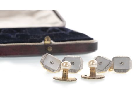 PAIR OF ART DECO CUFFLINKS, of octagonal form, the centre inlaid with mother of pearl and a round brilliant cut diamond of ap