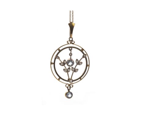 EARLY TWENTIETH CENTURY BLUE GEM SET AND SEED PEARL PENDANT, set with two round blue gems and seed pearls, 27mm in diameter, 