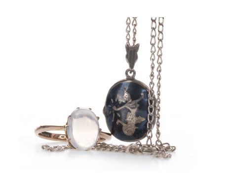 MOONSTONE RING, set with an oval cabochon moonstone, marked 9ct, size L 1/2, 2.2g, along with a locket with engraved figure, 