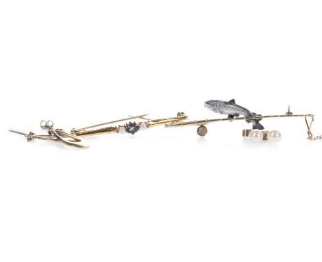 ENAMELLED TROUT BROOCH, the enamelled fish set to a bar depicted as a fishing rod, marked 9ct, along with a nine carat gold b