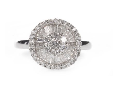 DIAMOND DRESS RING, set with round brilliant and tapered baguette cut diamonds totalling approximately 1.12 carats, in eighte