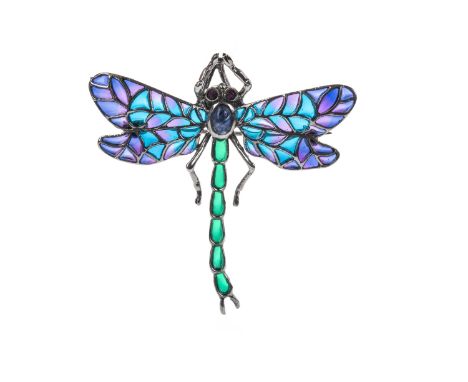 PLIQUE A JOUR DAMSELFLY BROOCH, with cabochon sapphire and green enamel to the body, ruby eyes, blue and purple enamelled win