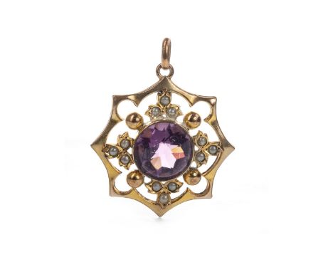 PURPLE GEM SET AND SEED PEARL PENDANT, the round purple gem 12mm in diameter, flanked by seed pearls, within an openwork moun