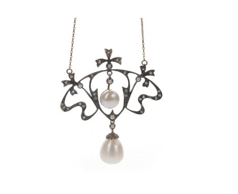PEARL AND DIAMOND NECKLACE, with central pearl 8mm in diameter, within an openwork mount set with round brilliant cut diamond