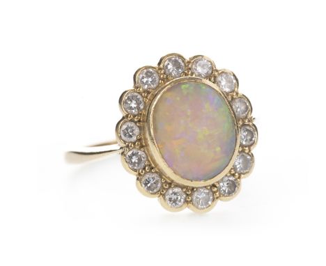 OPAL AND DIAMOND RING, the opal 10mm long, within a halo of round brilliant cut diamonds totalling approximately 0.70 carats,