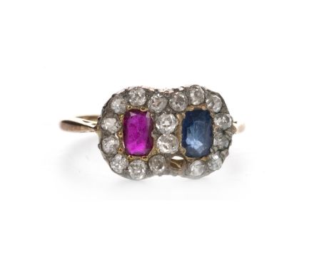 RED AND BLUE GEM SET AND DIAMOND RING, the red and blue gems within an old cut diamond halo, one missing, the diamonds totall