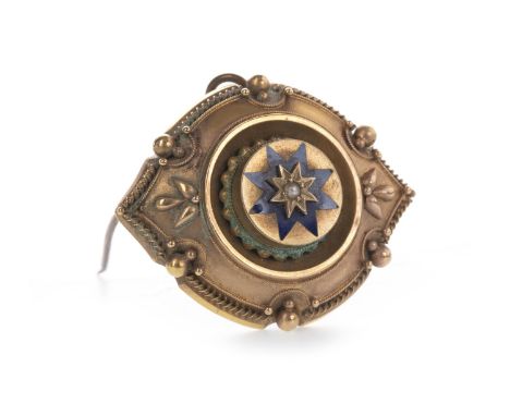 VICTORIAN MOURNING BROOCH, the central seed pearl within a blue enamel star motif, 43mm long, with hairwork to the reverse, u