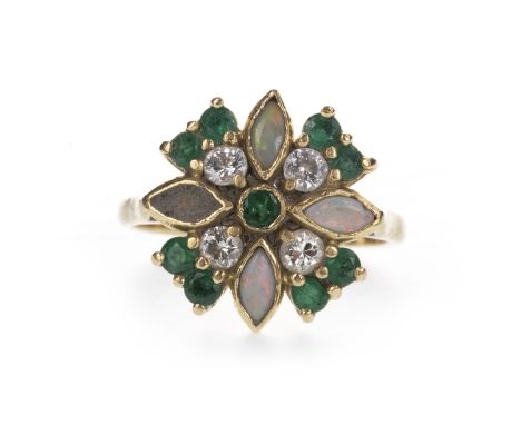 GREEN GEM SET, OPAL AND DIAMOND RING, formed by three marquise opal sections, one missing, interspaced by pairs of round gree