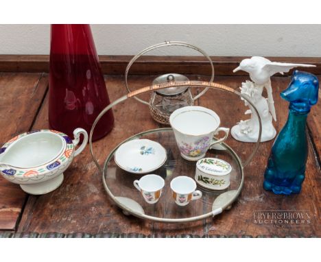 A small quantity of mixed glass ceramics, including a moulded blue glass decanter in the form of a sitting dog, the stopper f
