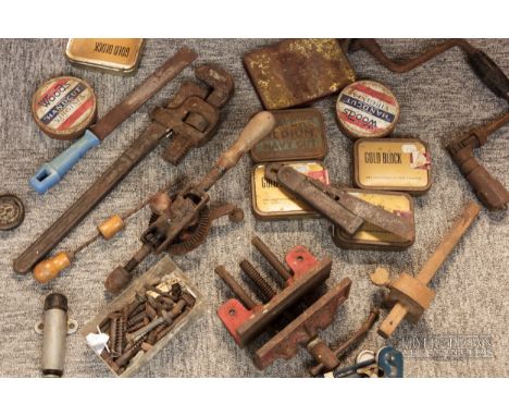 A quantity of vintage tools, weights and tins (qty)