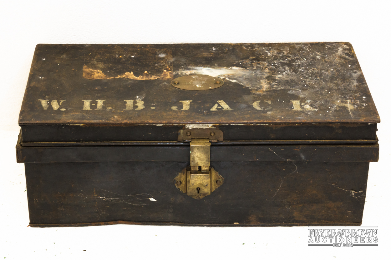 A small metal strong box with handle at side, 61 x 31 x 23 cm; and a