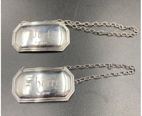 Two silver decanter labels Port and Sherry by David Shaw Silverware Ltd London 1985