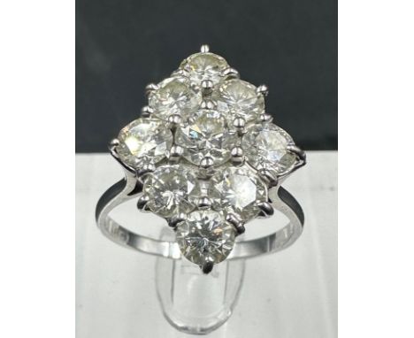 A vintage Navette shaped diamond cluster ring, mount in 18ct white gold, marked 18ct. Diamond weight 2.7ct IJ colour, SI clar