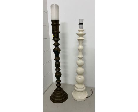 Bobbin style white wooden vintage lamp and metal turned candlestick H69cm 