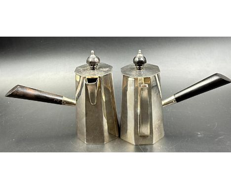Two Art Deco silver plate chocolate pots with ebonised handles Alegt handled and a right handed one 