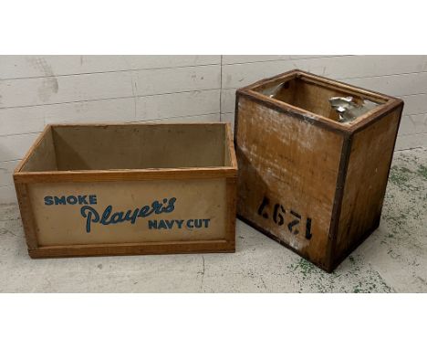 A wooden vintage tea crate and players cigarette wooden crate 