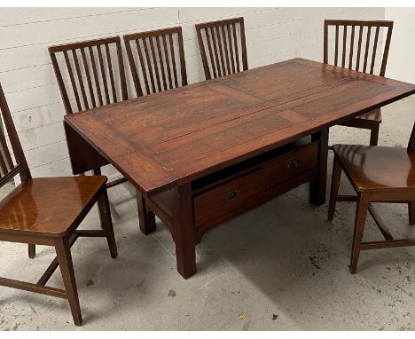 An American hardwood dining table with two drawers to centre and six Italian stick back chairs (H76cm W160cm D62cm) (open 160