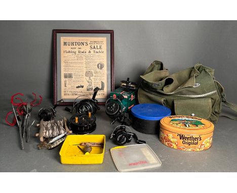 A selection of Angling equipment to coarse including fly reels, fishing and fishing bags 