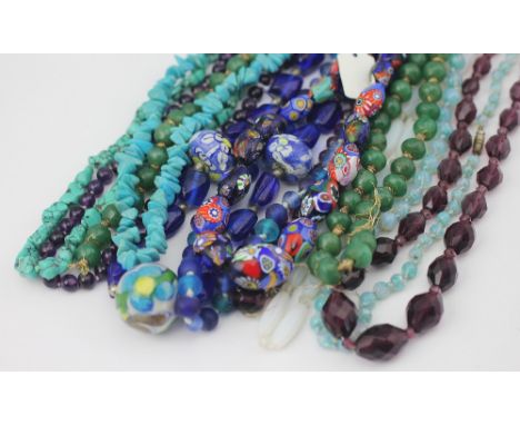 A collection of eleven bead necklaces, to include Victorian to modern examples; jade coloured, turquoise, matt blue examples,