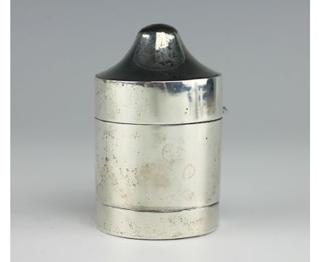A silver vesta and swivel ash tray, Samuel Jacob, London 1905, of cylindrical form with domed top, swivel base tray and strik