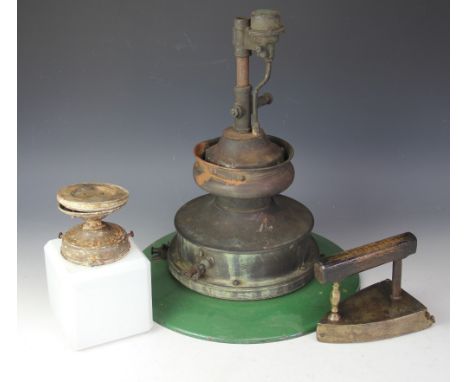 A vintage copper and enamel gas light, with a smaller vintage light with opaque cube shade, a large copper cheese skimmer, a 